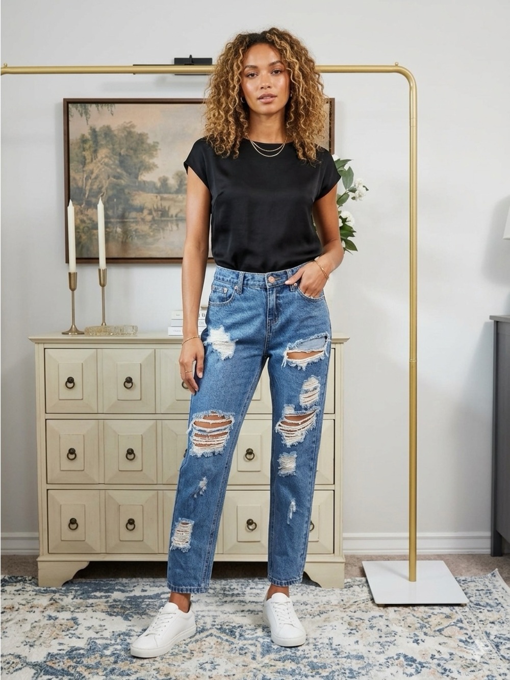 One Teaspoon Medium Blue Distressed Women's Jeans - Ripped Skinny Fit